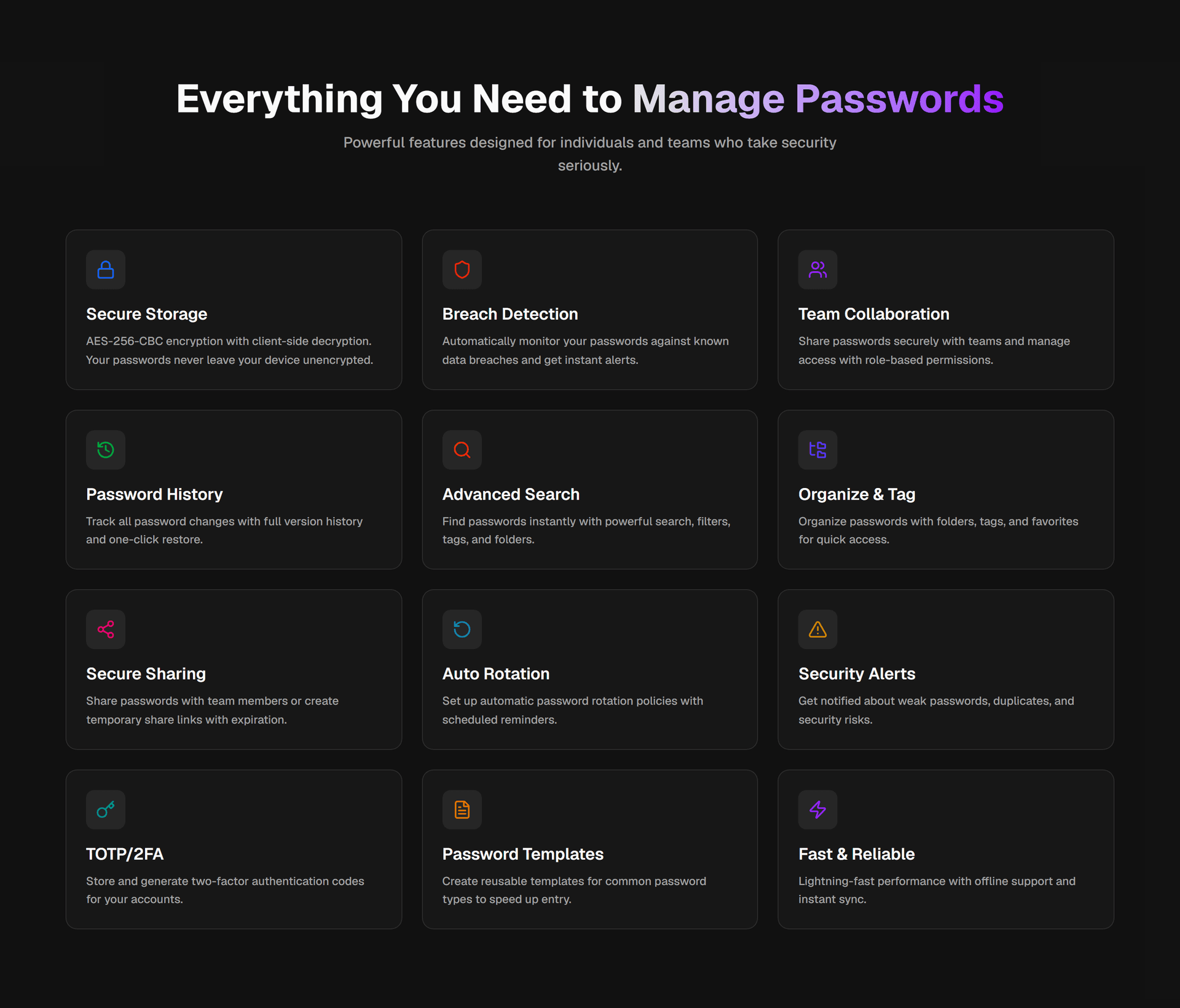 Feature grid covering secure storage, breach detection, team collaboration, password history, advanced search, secure sharing, auto rotation, security alerts and TOTP code generation