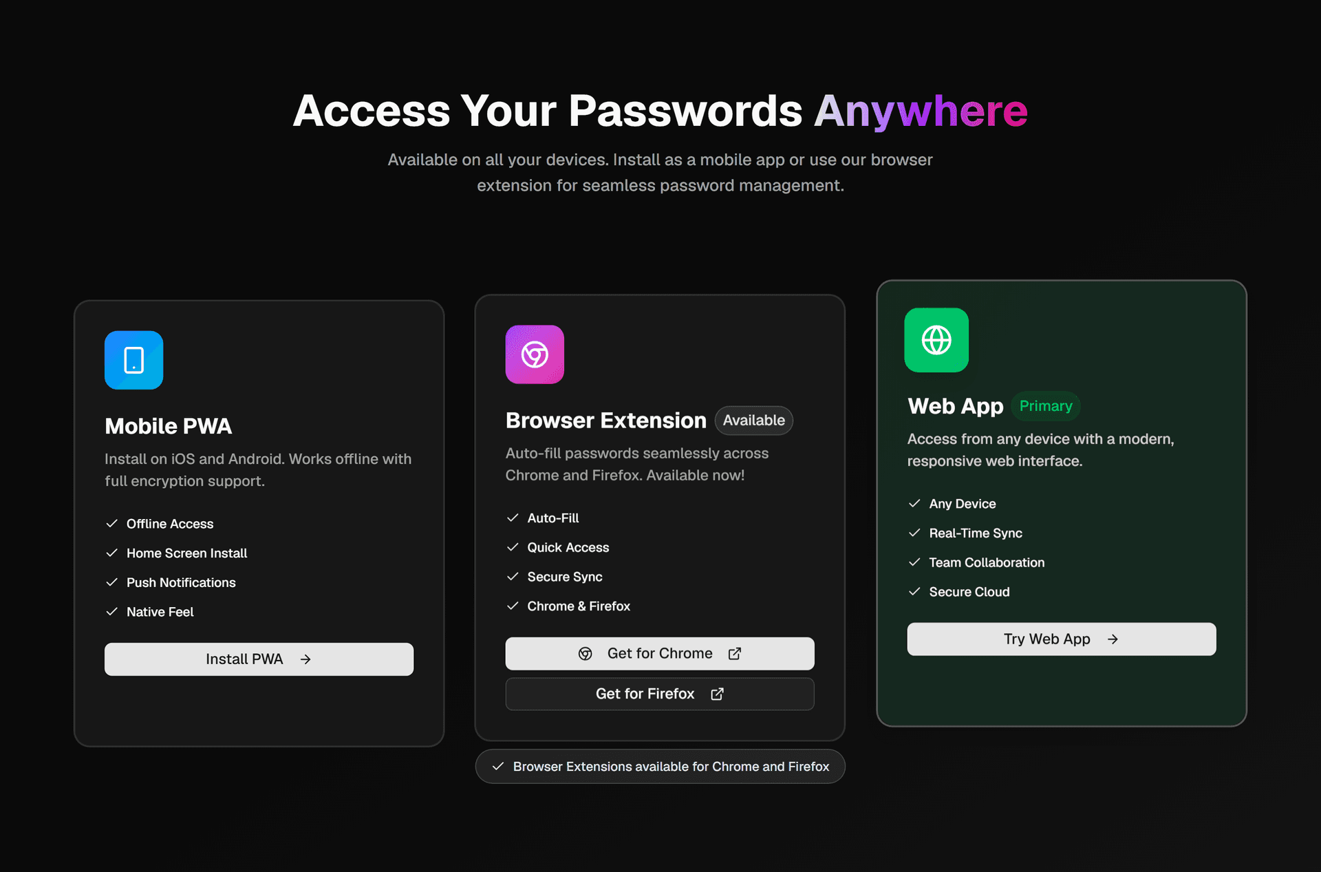 Platforms section showing the web app, a mobile PWA for iOS and Android, and browser extensions for Chrome and Firefox