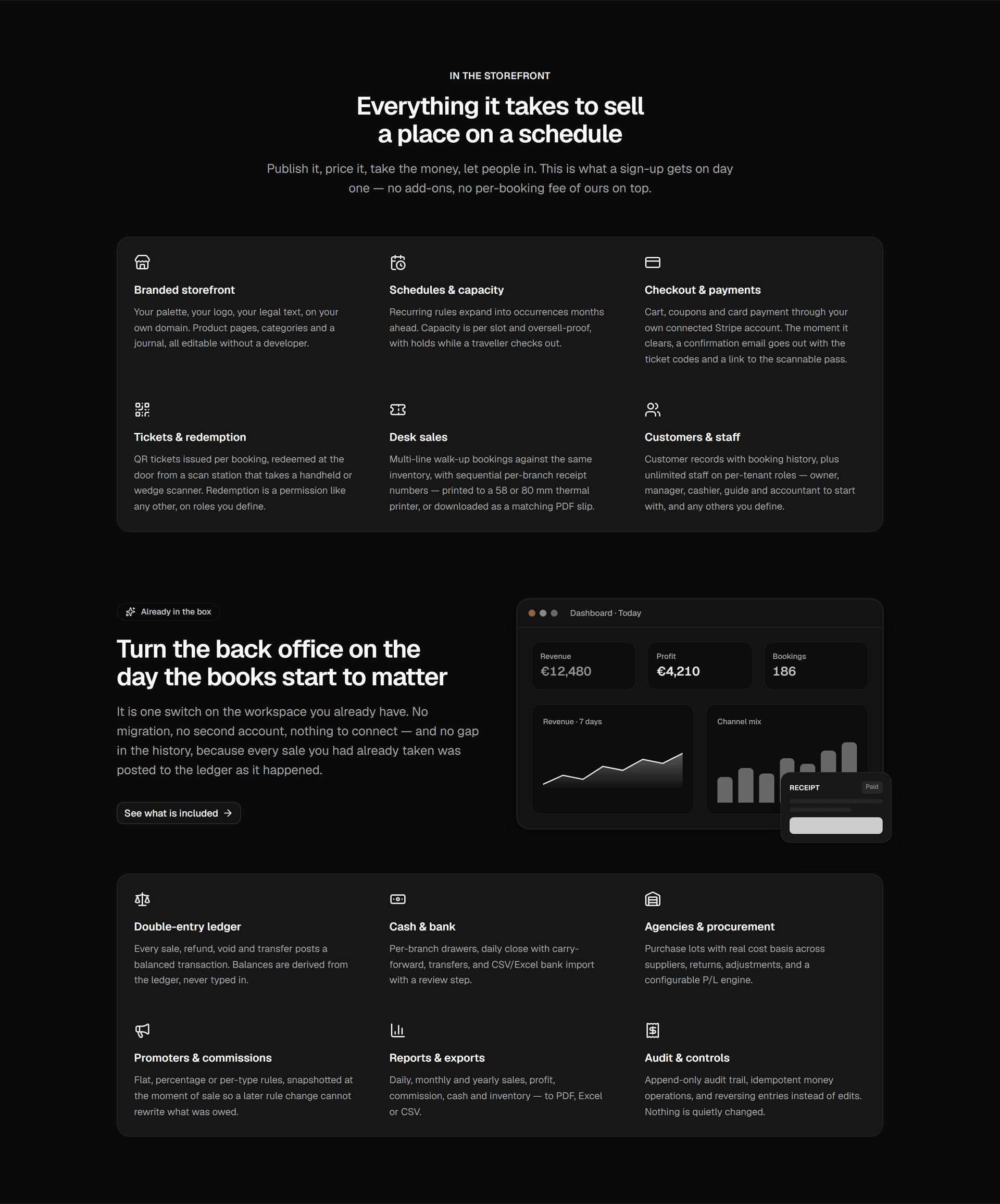 Feature grid covering branded storefront, schedules and capacity, checkout and payments, tickets and redemption, desk sales, customers and staff, then the back office: double-entry ledger, cash and bank, agencies and procurement, promoters and commissions, reports and exports, audit and controls