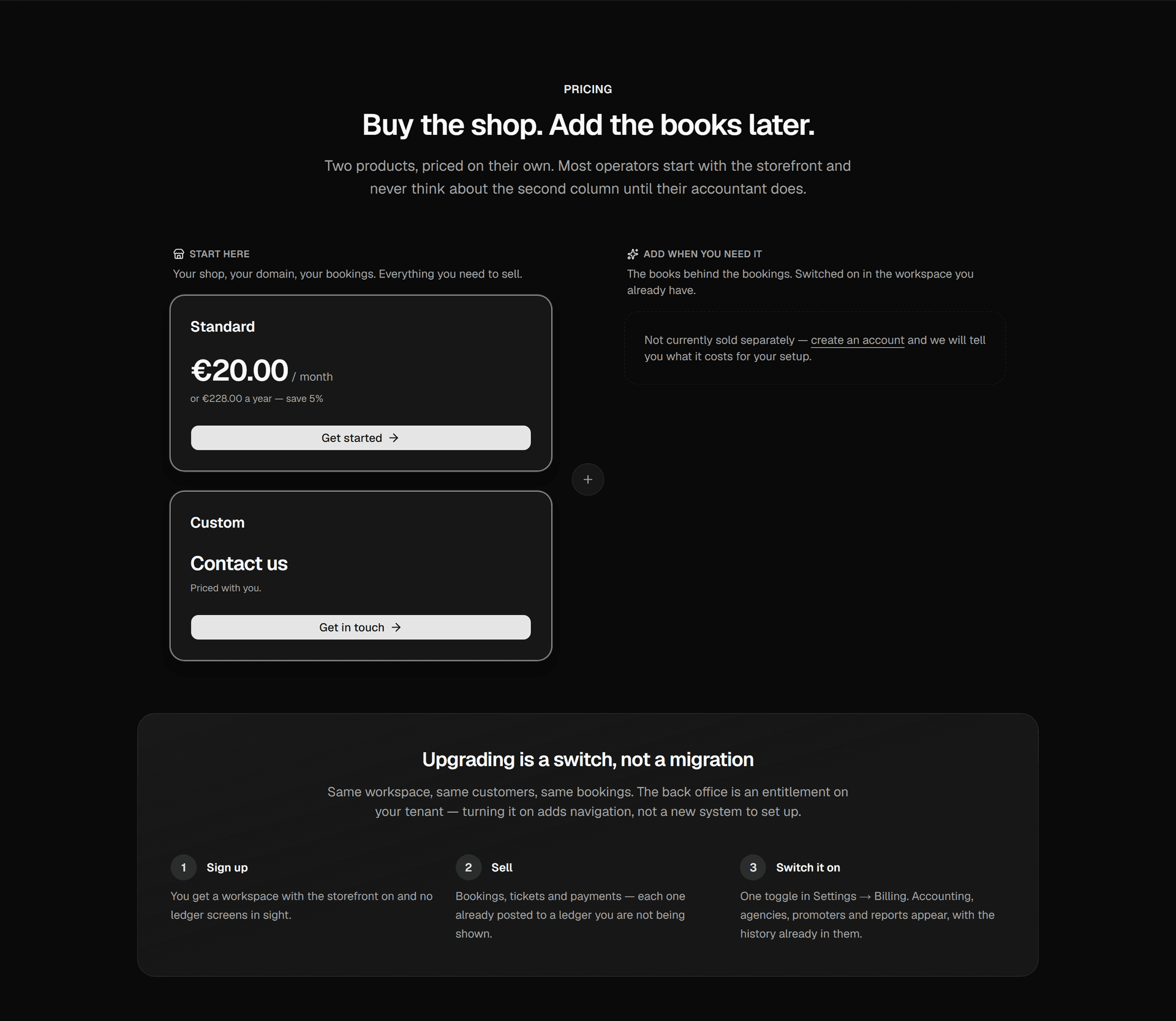 Pricing section showing a €20 per month standard plan with the back office included, and a custom plan